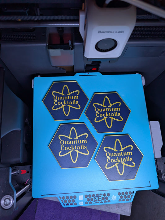 Quantum Cocktails coasters being 3D printed on a Bambu Lab printer